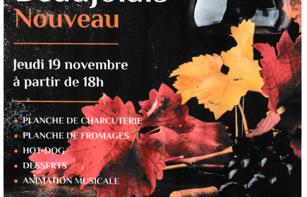 Soirée festive avec animation musicale autour du Beaujolais au profit des Resto du Cœur.
